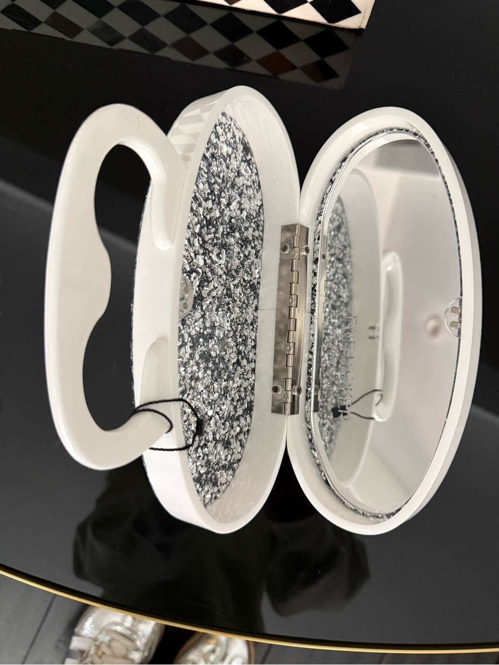 Edie Parker Silver Glitter Oval Clutch with White Handle Accent NWOT - Picture 2 of 8